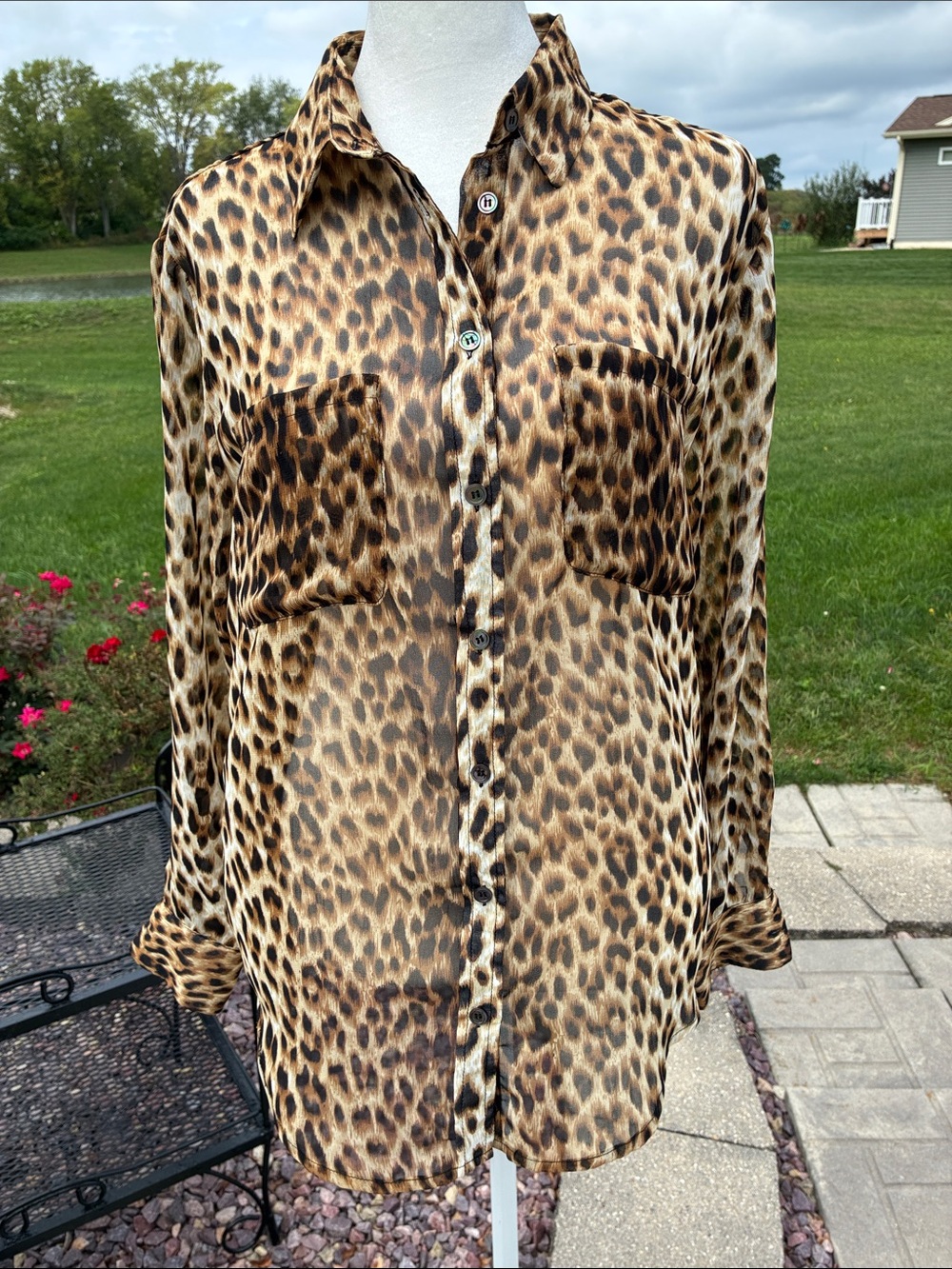 Olivaceous Leopard Print Button-Front Woman’s Shirt - Semi Sheer M